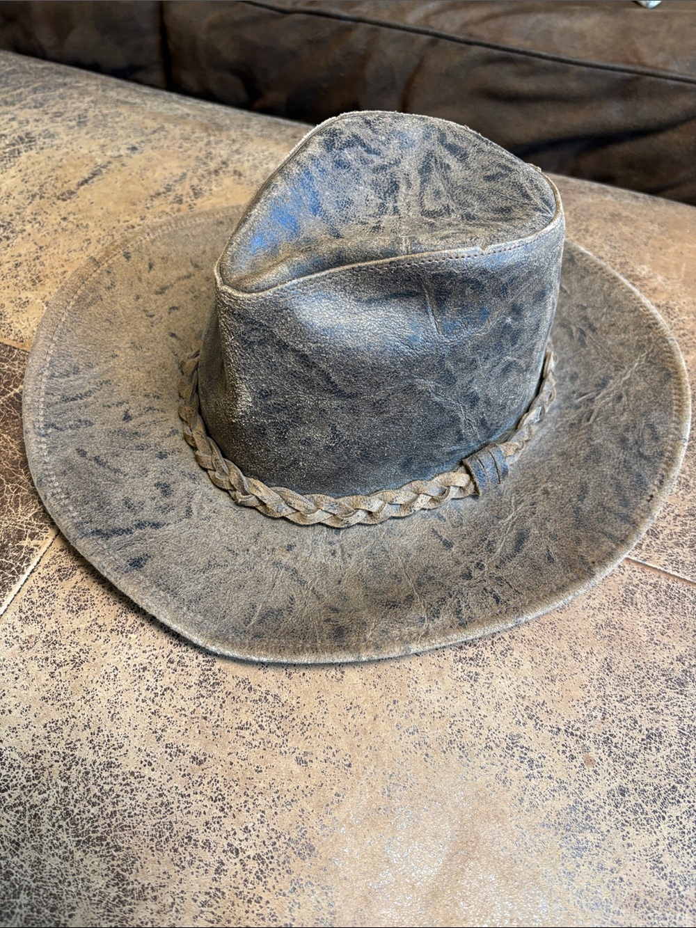 Brown Distressed Leather Fedora Hat with Braided Band